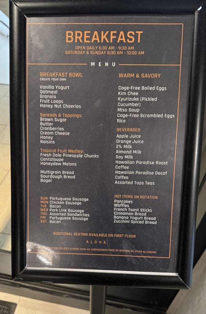 Breakfast buffet menu at Hyatt Place Waikiki