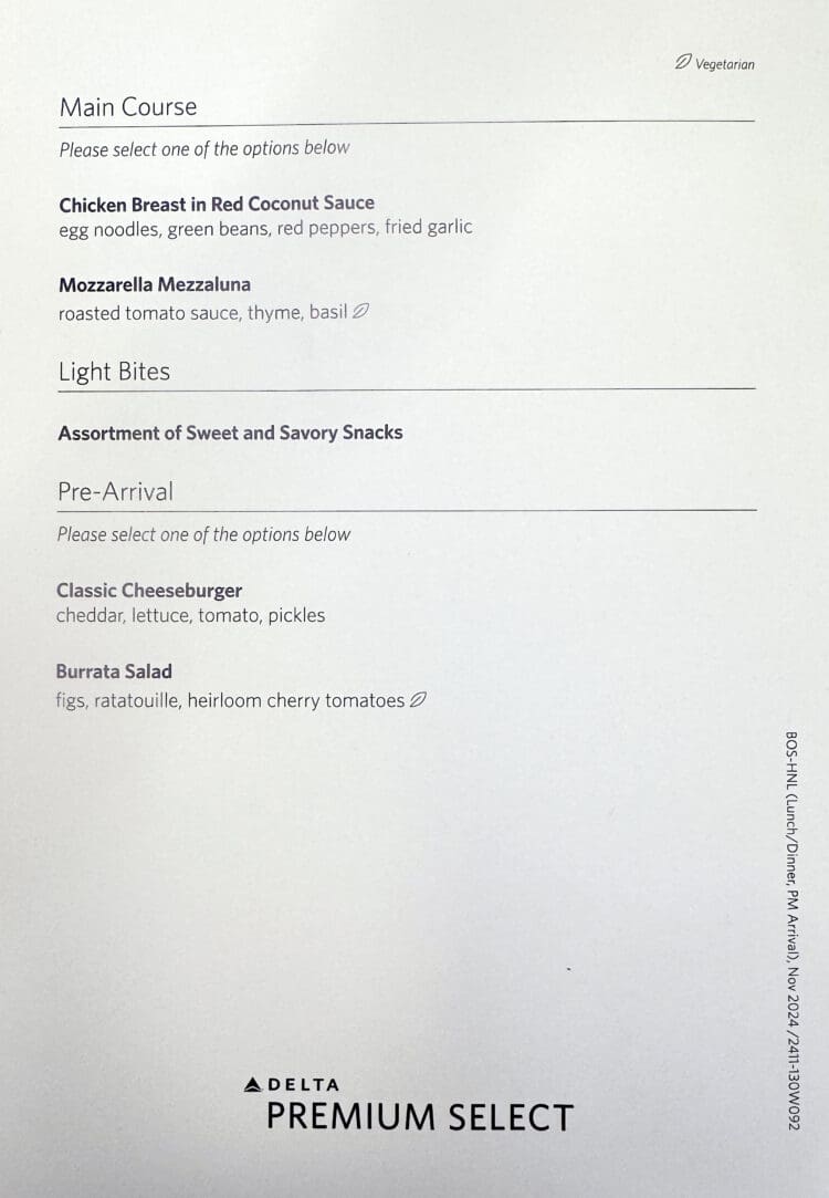 Delta Premium Select menu for food served during a flight from Boston (BOS) to Honolulu (HNL)