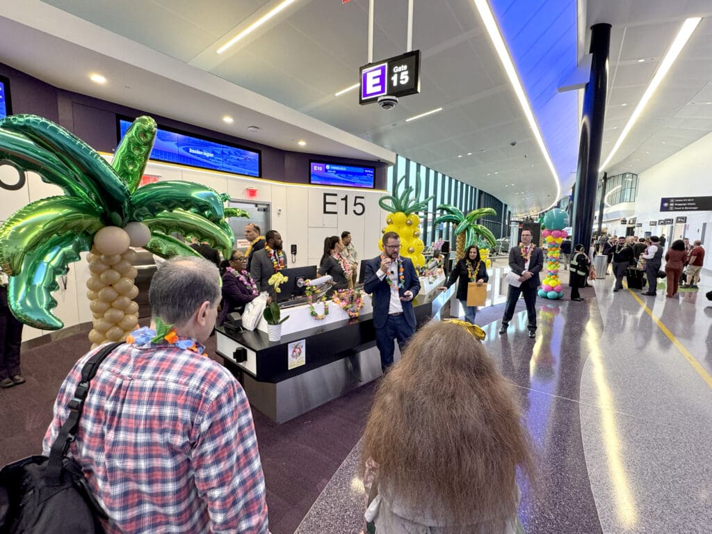 A Delta Air Lines speak during the party for Delta Air Lines’ inaugural flight from Boston (BOS) to Honolulu (HNL) at Boston Logan International Airport on Thursday, November 21, 2024. (©Eye of the Flyer)