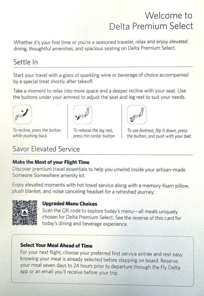 Delta Premium Select welcome placard, including seat operating instructions.