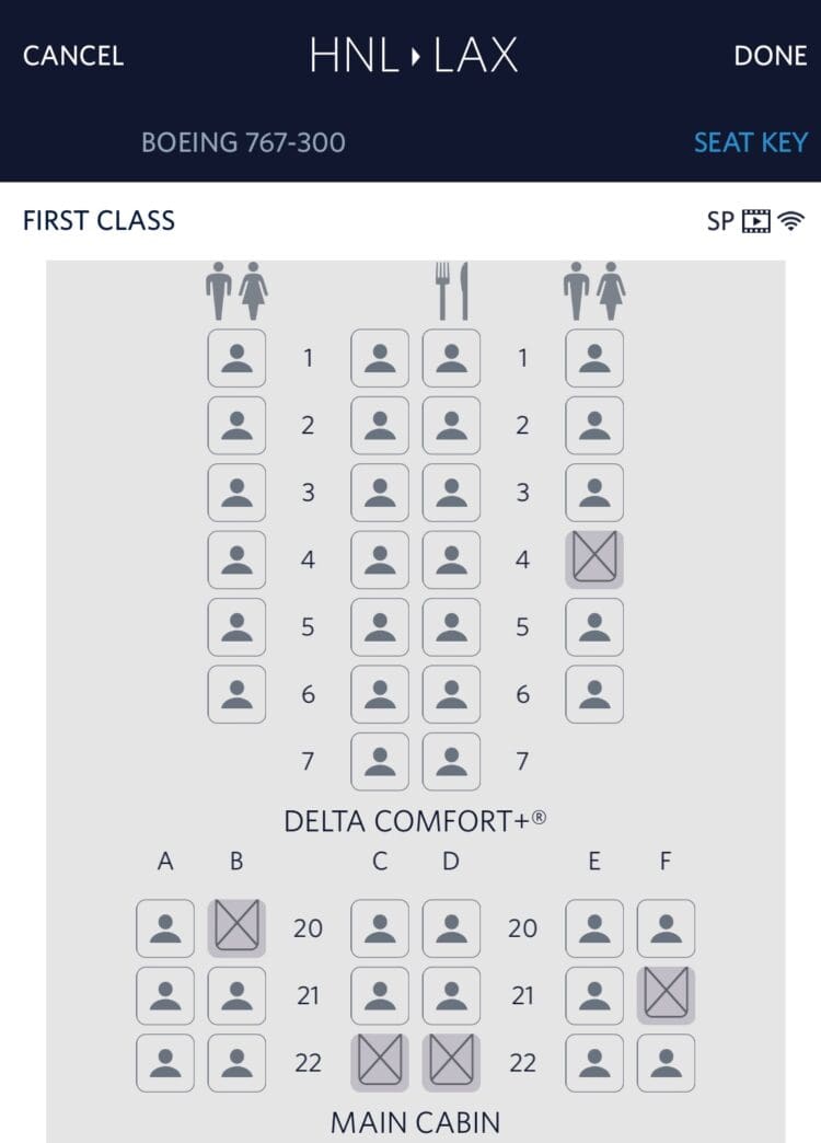 Comfort+ seats blocked out