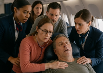 A group of people is gathered around an unconscious man on an airplane. A woman in a pink sweater is using a stethoscope to check on him, while two flight attendants and two other passengers look on with concern. The scene suggests a medical emergency in progress.