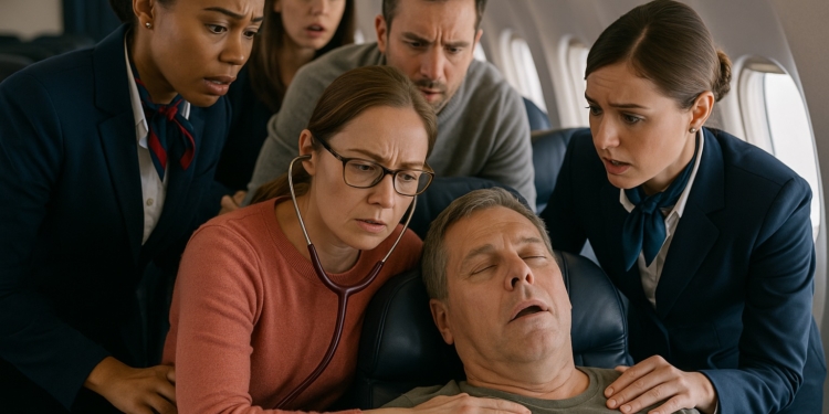 A group of people is gathered around an unconscious man on an airplane. A woman in a pink sweater is using a stethoscope to check on him, while two flight attendants and two other passengers look on with concern. The scene suggests a medical emergency in progress.