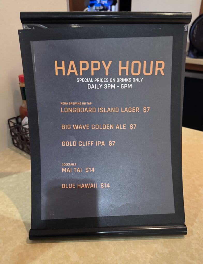 Happy hour bar menu at Hyatt Place Waikiki