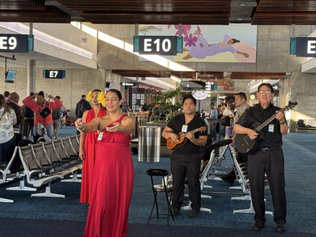 Hula dancers perform inside the terminal at Daniel K. Inouye International Airport in Honolulu, Hawaii (HNL) after Delta Air Lines' inaugural flight from Boston (BOS) to Oahu.