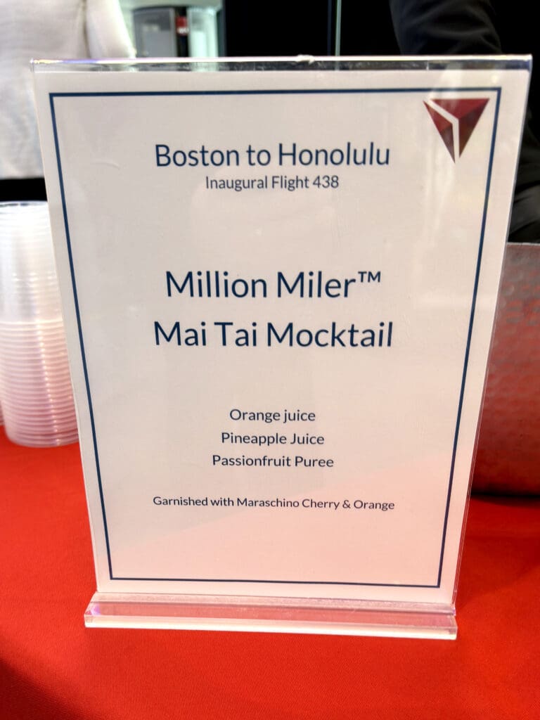 Delta's Million Miler Mai Tai Mocktail recipe is displayed during the party for Delta Air Lines’ inaugural flight from Boston (BOS) to Honolulu (HNL) at Boston Logan International Airport on Thursday, November 21, 2024. (©Eye of the Flyer)