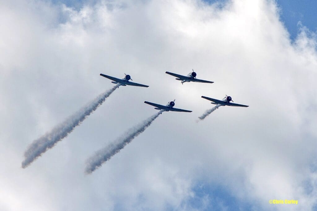 AT-6 “Texan” aircraft from the Condor Squadron based in Van Nuys, California, fly over Los Angeles on Friday, November 15, 2024.