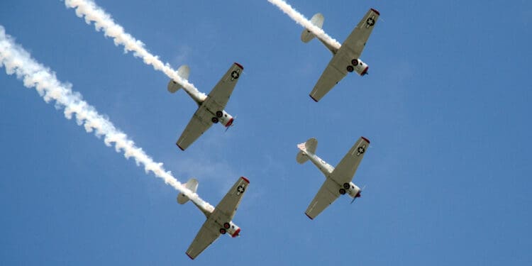 AT-6 “Texan” aircraft from the Condor Squadron based in Van Nuys, California, fly over Los Angeles on Friday, November 15, 2024.