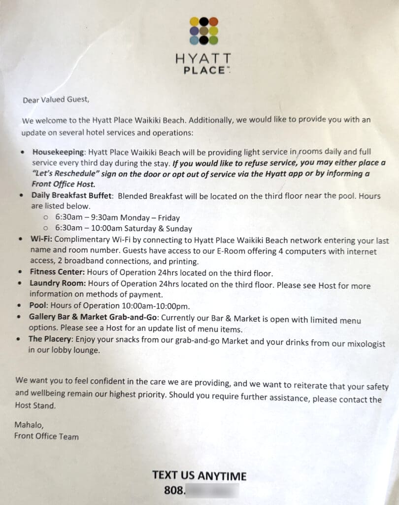 Hyatt Place Waikiki welcome letter