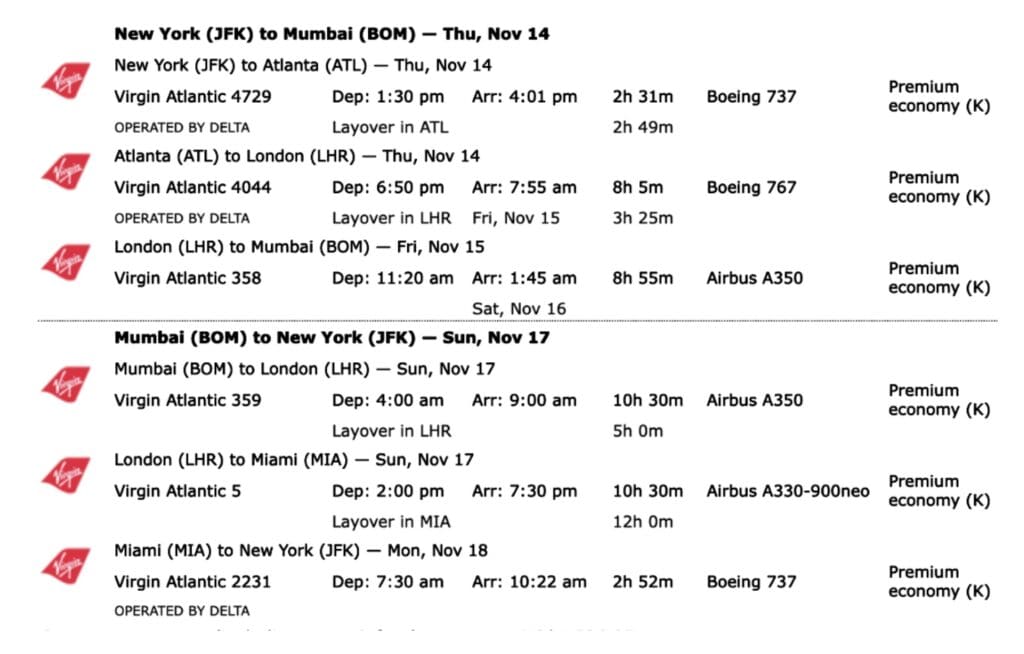 JFK to Mumbai mileage run in November 2024.