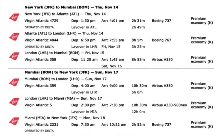 JFK to Mumbai mileage run in November 2024.