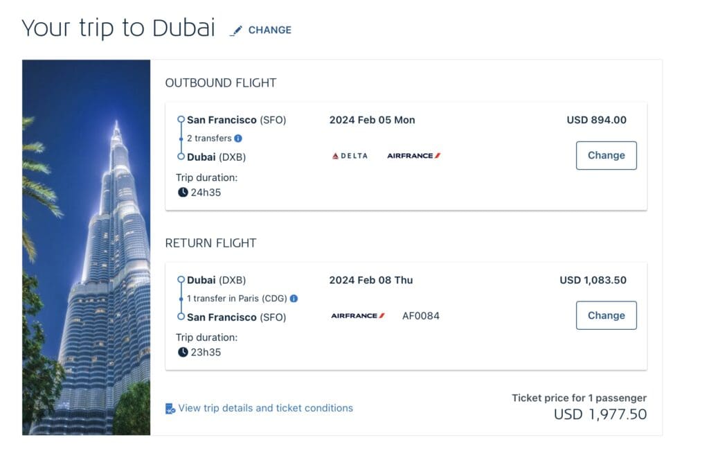 Itinerary for a Delta MQD mileage run from San Francisco to Dubai in February 2024