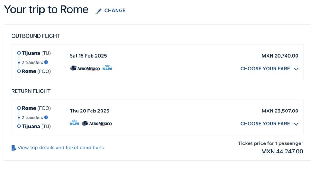 KLM business class mileage run from Tijuana to Rome, Italy