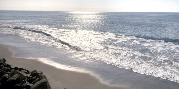 View of the Pacific Ocean during a train ride from Los Angeles to San Diego on Amtrak's Pacific Surfliner.