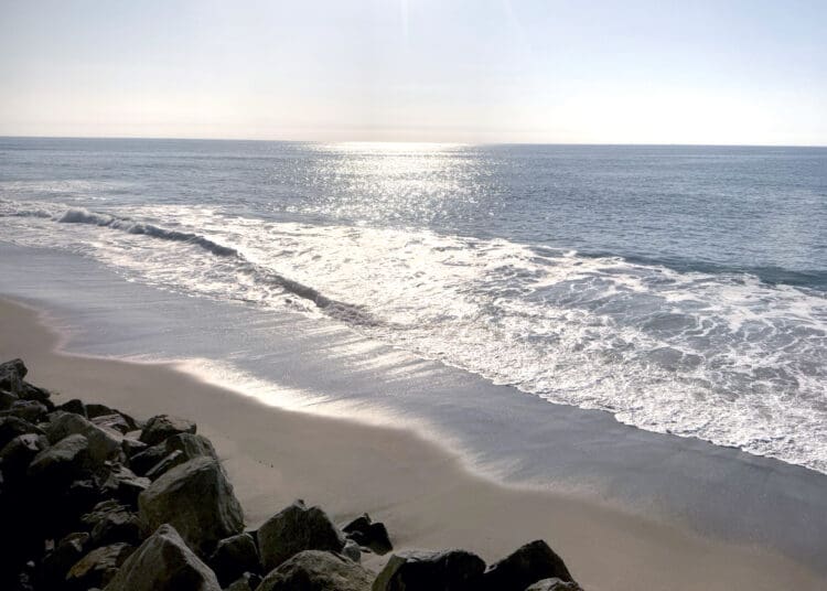 View of the Pacific Ocean during a train ride from Los Angeles to San Diego on Amtrak's Pacific Surfliner.