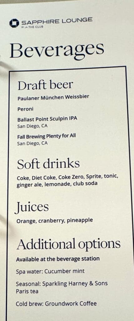 Bar menu at Chase Sapphire Lounge by The Club at the San Diego International Airport (SAN)