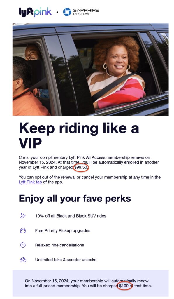 Chae Lyft Pink renewal email.