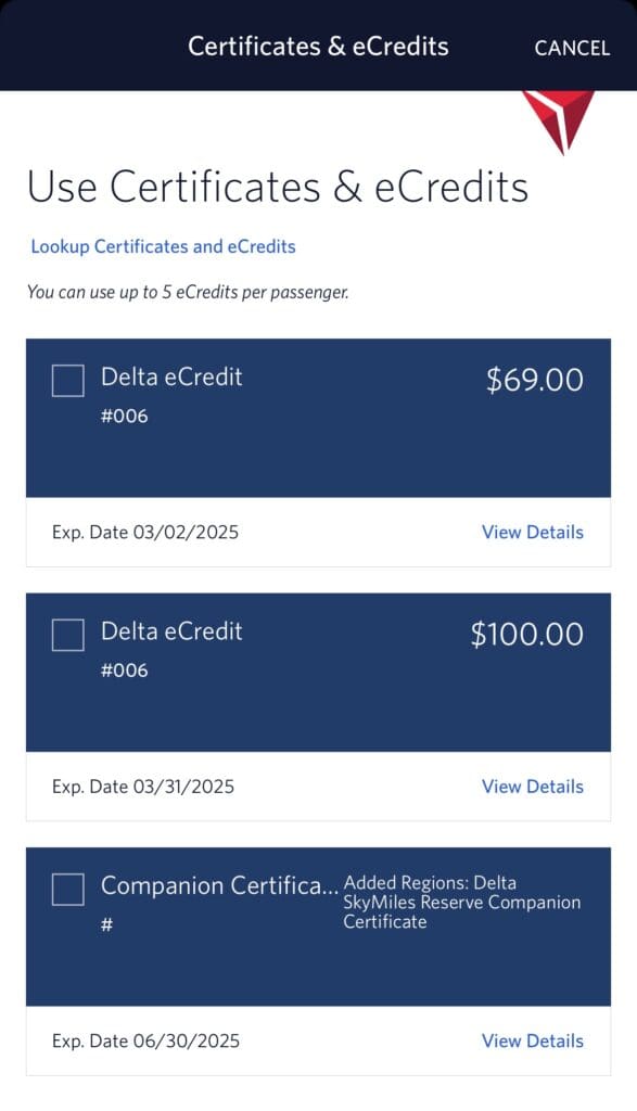 Delta eCredits and Companion Certificates seen in a Fly Delta app's "Wallet" section.