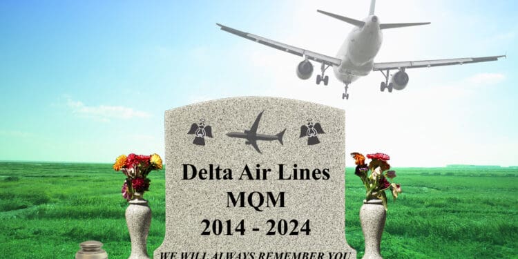 Airplane landing over a grave stone mourning Delta MQM