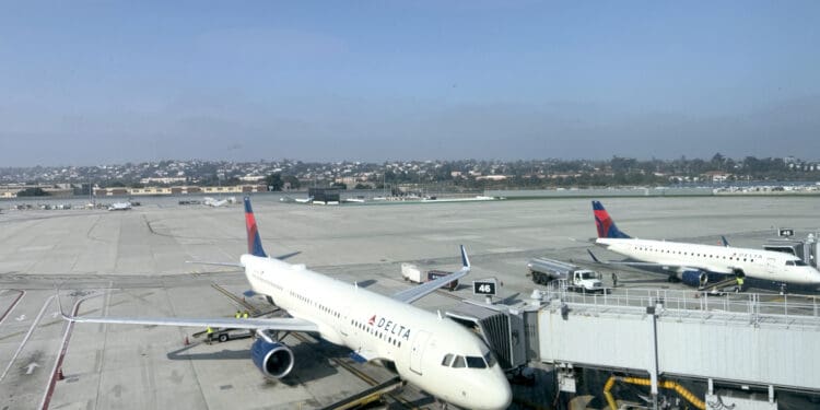 Delta Air Lines planes seen from the Chase Sapphire Lounge in San Diego