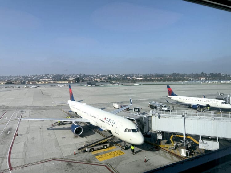 Delta Air Lines planes seen from the Chase Sapphire Lounge in San Diego