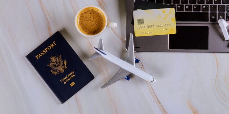 Book your flight with using a laptop for buying airline tickets on a credit card, willingness to travel with USA passport