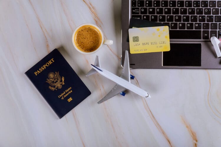 Book your flight with using a laptop for buying airline tickets on a credit card, willingness to travel with USA passport