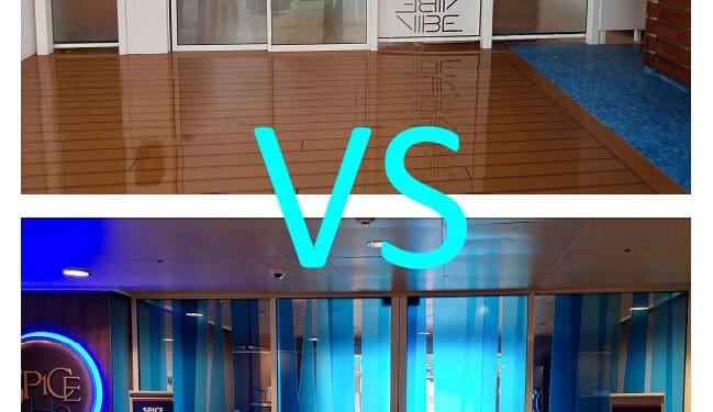 The image is split into two sections with a "VS" in the middle. The top section shows an outdoor area with a wooden deck and frosted glass doors, with a sign that has a geometric design. The bottom section shows an indoor area with blue-tinted glass doors and signs on either side that read "Spice H2O."