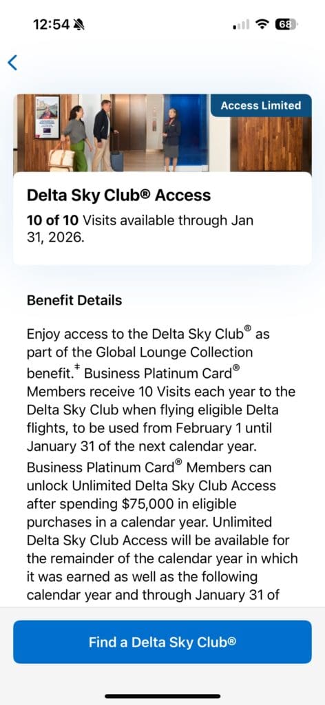 Delta Sky Club visit tracker on the Amex app