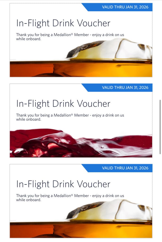 Delta "Have One on Us" free drink coupons.