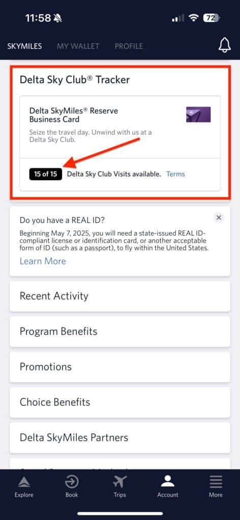Delta Sky Club visit tracker for a Delta Reserve Amex on the Fly Delta App