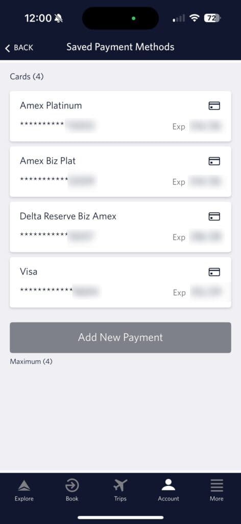 Credit cards in a Fly Delta app's wallet