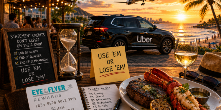 Travel, dining, hotel, and rideshare statement credits expiring at month-end, quarter-end, and semiannual deadlines.