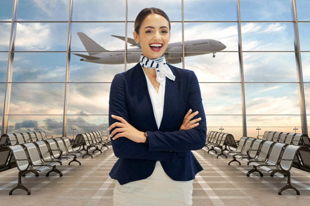 An airline employee smiles at an airport