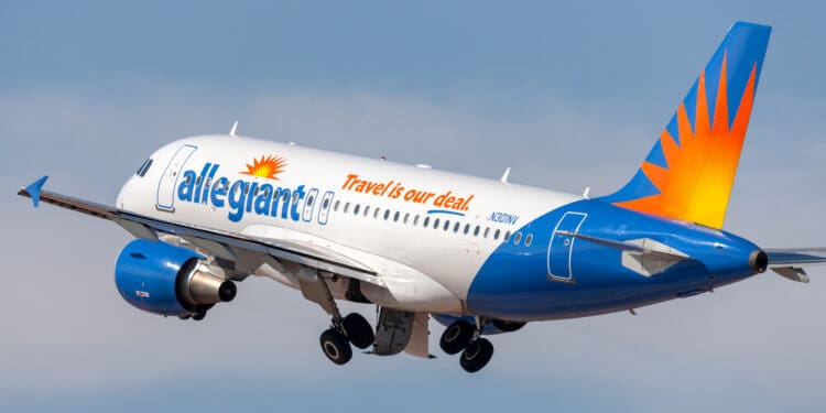 Phoenix, Arizona, USA - May 13, 2013: Allegiant Air Airbus A319-112 airliner aircraft N301NV taking off from Phoenix-Mesa Gateway airport in Arizona.