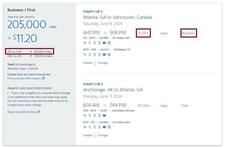 This image shows a flight itinerary and cost details for a trip in Business/First class. The total trip costs 205,000 miles plus $11.20 per person. The itinerary includes two flights:

1. Flight 1: From Atlanta, GA to Vancouver, Canada on Saturday, June 8, 2024. It departs at 4:47 PM and arrives at 9:14 PM, with a duration of 7 hours and 27 minutes and one stop. The class is Business.

2. Flight 2: From Anchorage, AK to Atlanta, GA on Monday, June 17, 2024. It departs at 6:14 AM and arrives at 7:44 PM, with a duration of 9 hours and 30 minutes and one stop. The class is First.

The total for all passengers is 410,000 miles plus $22.40. Additional information includes award rules, restrictions, and optional fees.