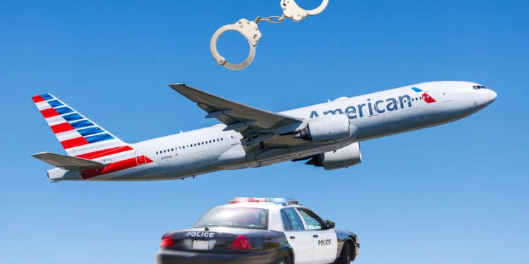 The image shows a composite of a commercial airplane in flight with the word "American" visible on its side, a pair of handcuffs above it, and a police car with flashing lights below. The background is a clear blue sky.
