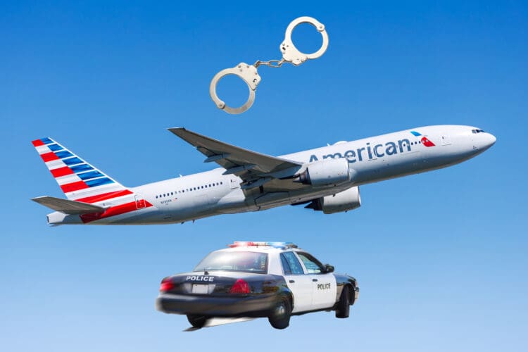 The image shows a composite of a commercial airplane in flight with the word "American" visible on its side, a pair of handcuffs above it, and a police car with flashing lights below. The background is a clear blue sky.