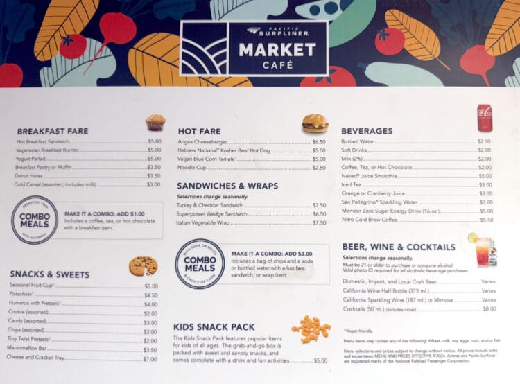 The image is a menu from the Pacific Surfliner Market Café. It features various sections including "Breakfast Fare," "Hot Fare," "Sandwiches & Wraps," "Snacks & Sweets," "Beverages," "Kids Snack Pack," and "Beer, Wine & Cocktails." Each section lists items with their prices. There are options for combo meals, and some items are marked as vegan-friendly. The menu has a colorful background with illustrations of leaves and fruits.