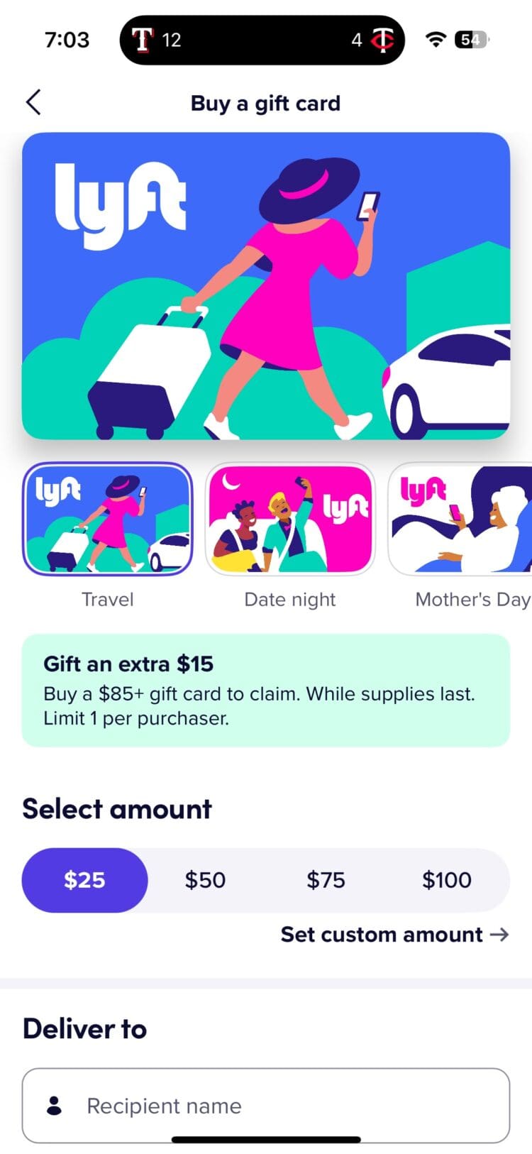 The image is a screenshot of a Lyft app interface for buying a gift card. It features a colorful illustration of a person in a pink dress and hat pulling a suitcase, with a car in the background. Below are options for different gift card themes: Travel, Date Night, and Mother's Day. There's a promotion offering an extra $15 for purchasing a gift card of $85 or more. The section to select the gift card amount shows options of $25, $50, $75, and $100, with an option to set a custom amount. There's also a field to enter the recipient's name.