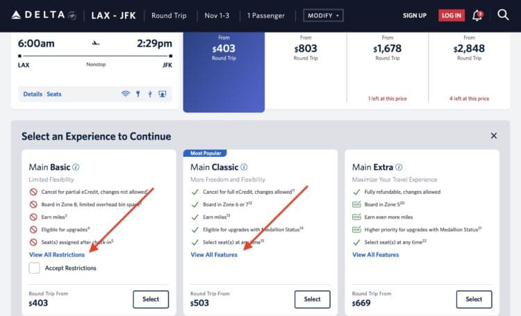 The image is a screenshot of a Delta Airlines booking page for a round trip from LAX to JFK. It shows flight details, including departure and arrival times, and various ticket options with prices. The options are "Main Basic," "Main Classic," and "Main Extra," each with different features and restrictions. "Main Basic" has limited flexibility, "Main Classic" offers more freedom, and "Main Extra" maximizes the travel experience. Prices for each option are displayed, and there are buttons to select each option.