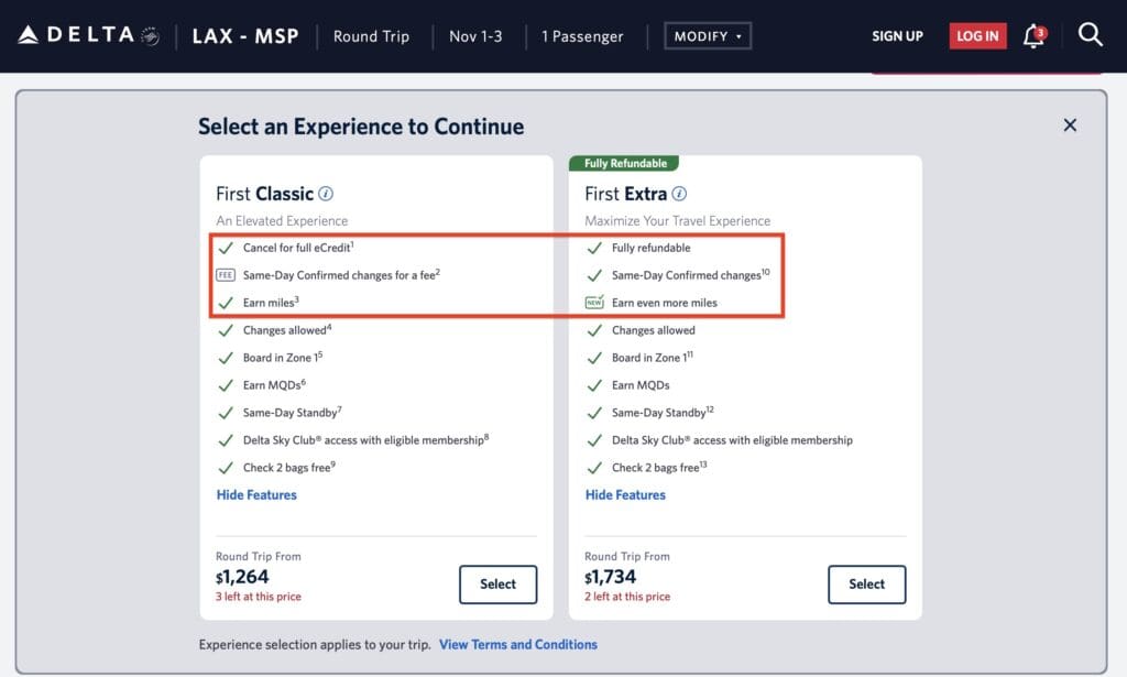 The image is a screenshot of a Delta Airlines booking page for a round trip from LAX to MSP. It shows two options for selecting an experience: "First Classic" and "First Extra." - "First Classic" includes features like canceling for full eCredit, same-day confirmed changes for a fee, earning miles, changes allowed, boarding in Zone 1, earning MQDs, same-day standby, Delta Sky Club access with eligible membership, and checking 2 bags for free. The price is $1,264 with 3 tickets left at this price. - "First Extra" includes features like being fully refundable, same-day confirmed changes, earning even more miles, changes allowed, boarding in Zone 1, earning MQDs, same-day standby, Delta Sky Club access with eligible membership, and checking 2 bags for free. The price is $1,734 with 2 tickets left at this price. Both options have a "Select" button, and there are links to hide features and view terms and conditions.