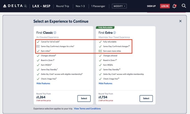 The image is a screenshot of a Delta Airlines booking page for a round trip from LAX to MSP. It shows two options for selecting an experience: "First Classic" and "First Extra."
- "First Classic" includes features like canceling for full eCredit, same-day confirmed changes for a fee, earning miles, changes allowed, boarding in Zone 1, earning MQDs, same-day standby, Delta Sky Club access with eligible membership, and checking 2 bags for free. The price is $1,264 with 3 tickets left at this price.
- "First Extra" includes features like being fully refundable, same-day confirmed changes, earning even more miles, changes allowed, boarding in Zone 1, earning MQDs, same-day standby, Delta Sky Club access with eligible membership, and checking 2 bags for free. The price is $1,734 with 2 tickets left at this price.
Both options have a "Select" button, and there are links to hide features and view terms and conditions.