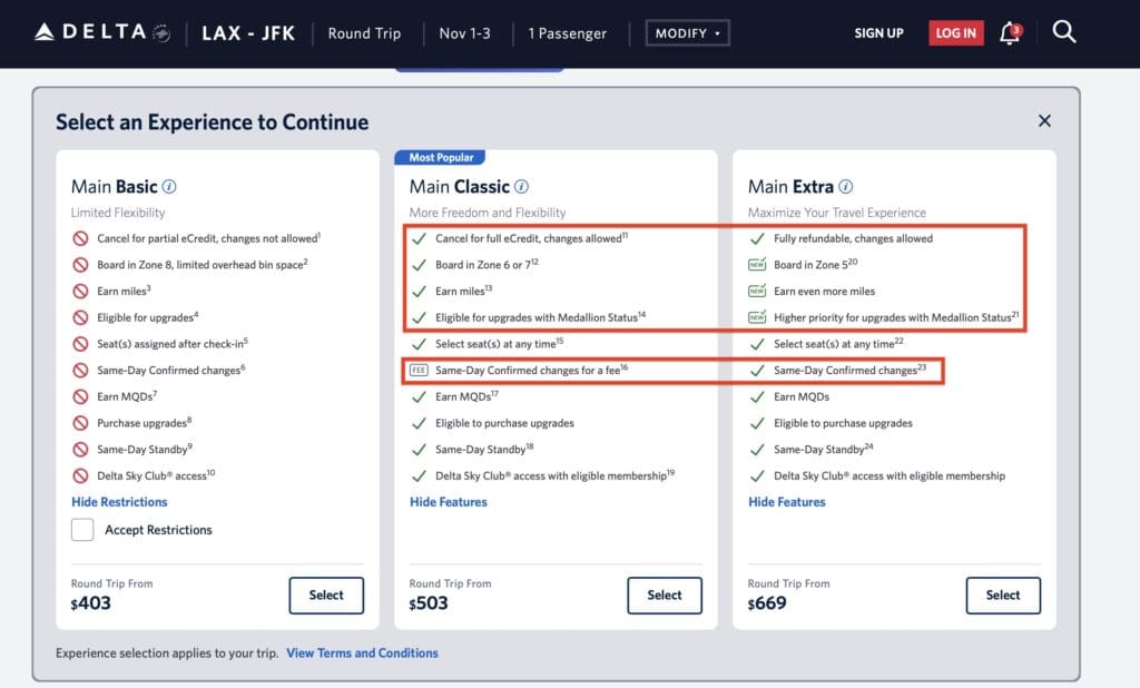This image shows a comparison chart for Delta flight options from LAX to JFK. It includes three columns: Main Basic, Main Classic, and Main Extra. Each column lists features and restrictions for the respective fare types, such as cancellation policies, boarding zones, mileage earning, upgrade eligibility, and seat selection. The Main Basic option has more restrictions, while Main Extra offers more flexibility and benefits. Prices for round trips start at $403 for Main Basic, $503 for Main Classic, and $669 for Main Extra. Some features are highlighted with red boxes.