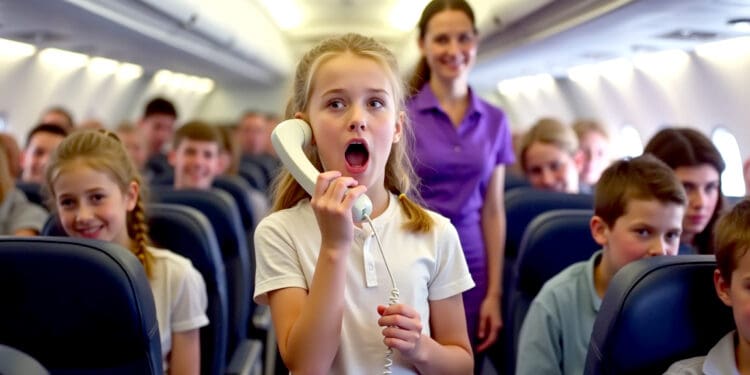 A young girl is standing in the aisle of an airplane, holding a phone to her ear with her mouth open as if speaking or singing. She is surrounded by other children seated in the plane, and a woman in a purple shirt is standing behind her, smiling. The interior of the airplane is visible, with rows of seats and overhead compartments.