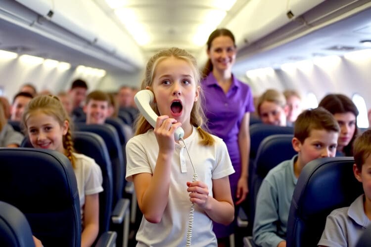 A young girl is standing in the aisle of an airplane, holding a phone to her ear with her mouth open as if speaking or singing. She is surrounded by other children seated in the plane, and a woman in a purple shirt is standing behind her, smiling. The interior of the airplane is visible, with rows of seats and overhead compartments.