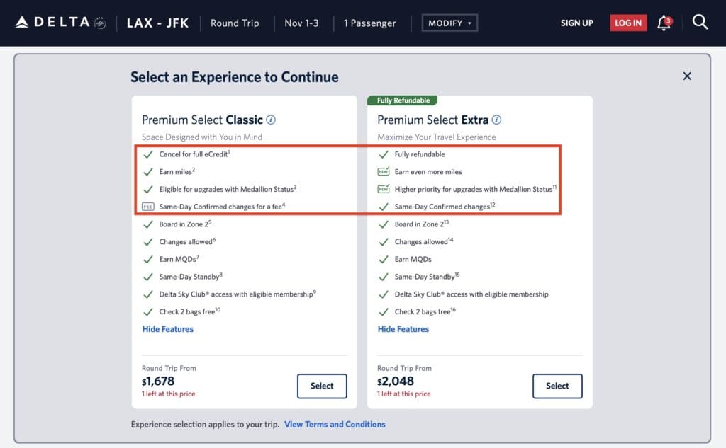 The image is a screenshot of a Delta Airlines booking page for a round trip from LAX to JFK. It presents two options for selecting an experience: "Premium Select Classic" and "Premium Select Extra." - "Premium Select Classic" includes features like canceling for full eCredit, earning miles, eligibility for upgrades with Medallion Status, and same-day confirmed changes for a fee. The price is $1,678 with one ticket left at this price. - "Premium Select Extra" is fully refundable, offers more miles, higher priority for upgrades, and same-day confirmed changes. The price is $2,048 with one ticket left at this price. Both options include features like boarding in Zone 2, changes allowed, earning MQDs, same-day standby, Delta Sky Club access with eligible membership, and checking two bags for free. There are options to hide features and view terms and conditions.
