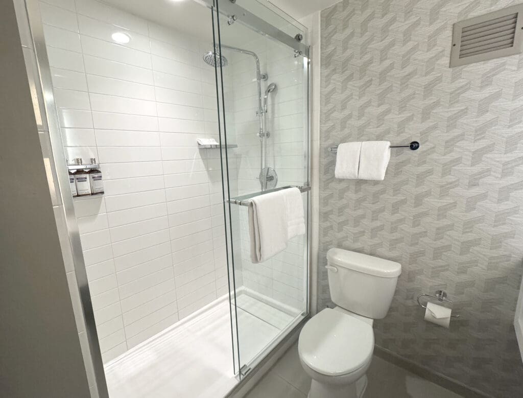 The image shows a modern bathroom with a glass-enclosed shower on the left, featuring a rainfall showerhead and a shelf with toiletries. There are white tiles on the shower wall. A towel is hanging on the shower door. To the right, there is a toilet with a roll of toilet paper on a holder. Above the toilet, a towel is hanging on a rack attached to a patterned wall. The bathroom has a clean and minimalist design.