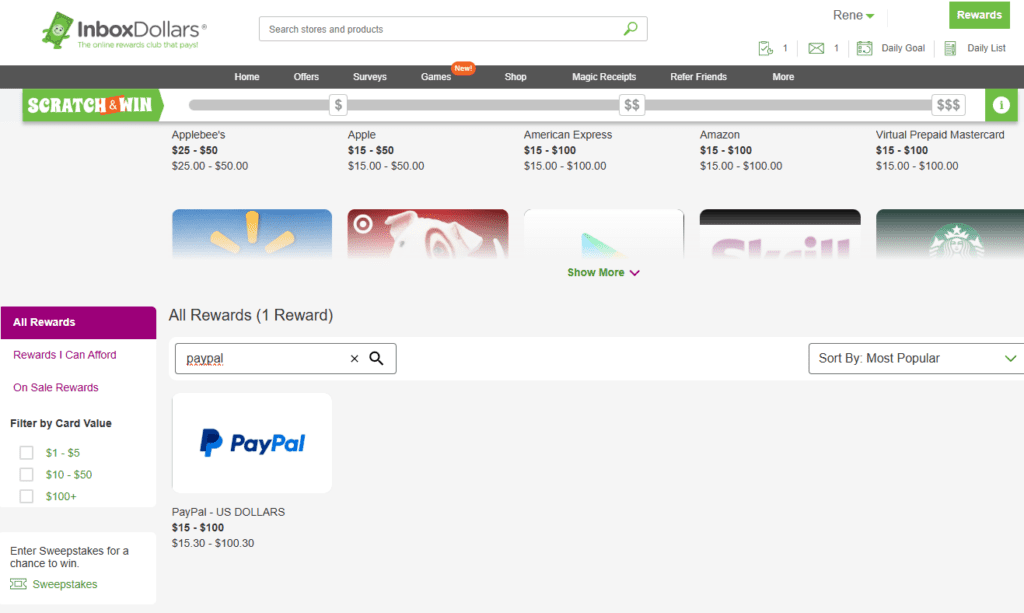 The image shows a webpage from InboxDollars, an online rewards platform. The page displays various gift card options, including Applebee's, Apple, American Express, Amazon, and Virtual Prepaid Mastercard, with price ranges. A search for "PayPal" is conducted, showing a PayPal reward option with a value range of $15 to $100. The page includes navigation options like Home, Offers, Surveys, Games, and more. There are also options to filter rewards by card value and enter sweepstakes.