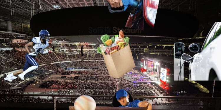 The Chase Freedom Flex® Q3 bonus categories: a collage featuring various elements. In the background, there is a large stadium filled with people, possibly during a concert or event. Superimposed on this are several distinct images: a person in a football uniform running, a hand holding a fuel pump nozzle near a car's gas tank, a paper bag filled with groceries, a close-up of an electric car being charged, and a baseball player swinging a bat. The combination of these elements creates a dynamic and busy scene.
